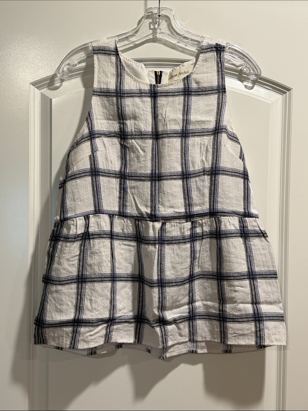 White & Navy Plaid Sleeveless Peplum Top